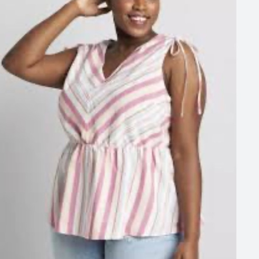 Lane Bryant Linen blend Striped Tie-Shoulder peplum Top Sz14/16